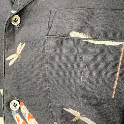 VALENTINO Size XL Black Multi Color Dragonflies Silk One Pocket Camp Short Sleeve Shirt