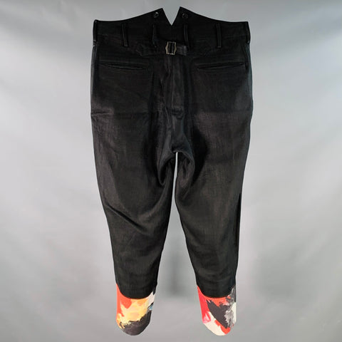 YOHJI YAMAMOTO Size L Black Red Contrast Trim Linen Back Cinch High Waisted Dress Pants