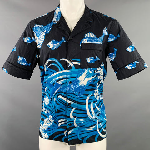 VALENTINO Size S Black White Blue Koi Fish Cotton One Pocket Camp Short Sleeve Shirt