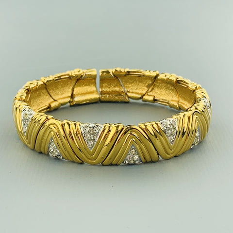 Vintage Gold Tone Metal Rhinestones Textured Open Cuff Bracelet