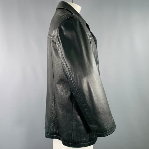HUGO BOSS Size 44 Crape Black Leather Single Breasted Coat
