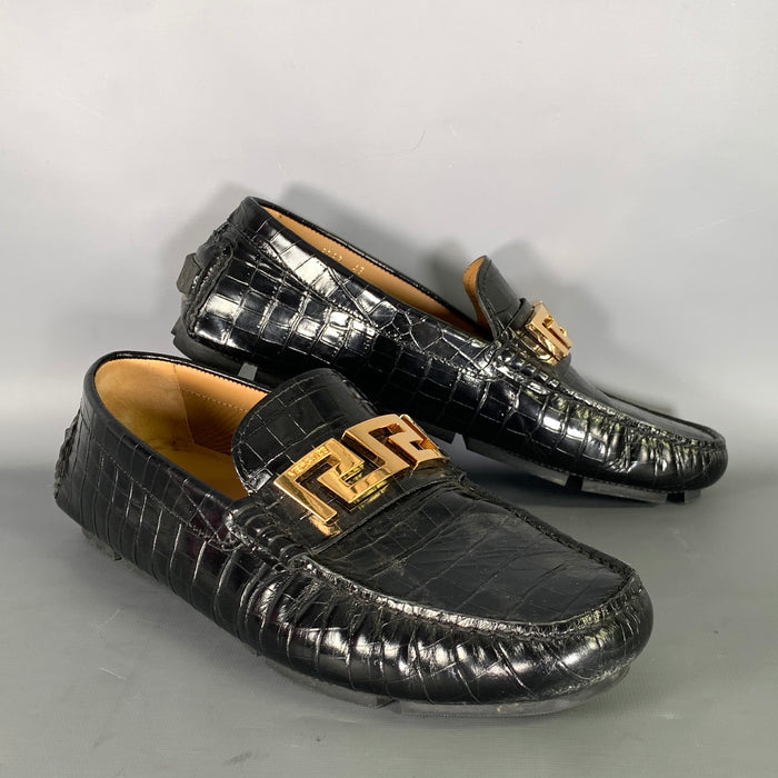VERSACE Size 10 Black Gold Embossed Leather Slip On Loafers