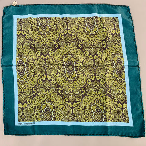 ERMENEGILDO ZEGNA Green Blue Paisley Silk Pocket Square