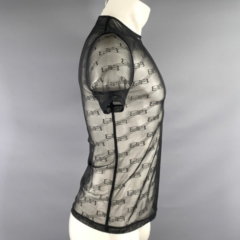 BALENCIAGA SS2022 Size M Black Monogram Poliammide blend Sheer Short Sleeve Shirt