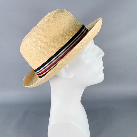 TURNBULL & ASSER Size L Beige Multi Color Woven Ribbon Straw Panama Hat