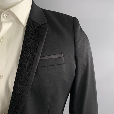 THE KOOPLES Chest Size 40 Black Embroidery Wool Elastane Notch Lapel Sport Coat