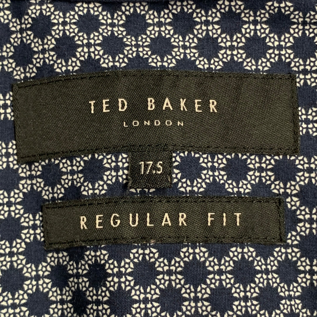 TED BAKER Size XL Navy White Geometric Cotton Point Collar Regular Fit Long Sleeve Shirt
