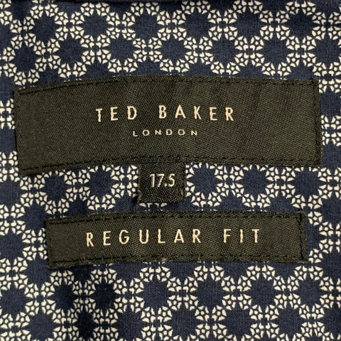 Chemise à manches longues TED BAKER Taille XL Bleu marine Blanc Géométrique Col classique Coupe droite en coton