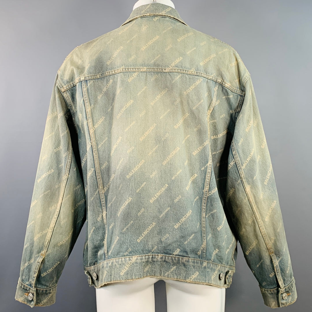 BALENCIAGA Size S Blue White Monogram Cotton Denim Oversized Jacket