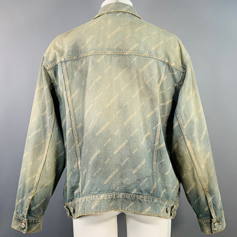 BALENCIAGA Size S Blue White Monogram Cotton Denim Oversized Jacket
