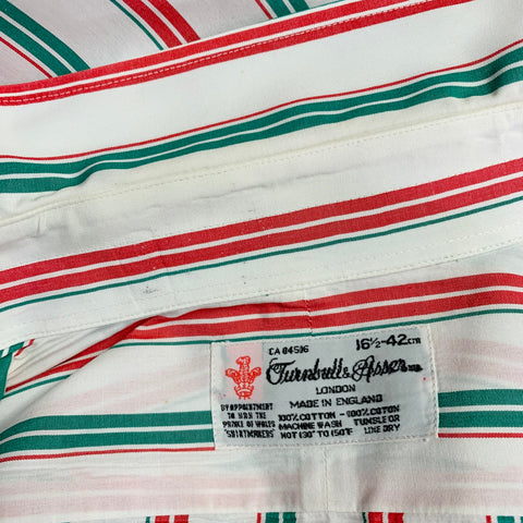 TURNBULL & ASSER Vintage Size L White Green Red Stripe Cotton French Cuff Long Sleeve Shirt