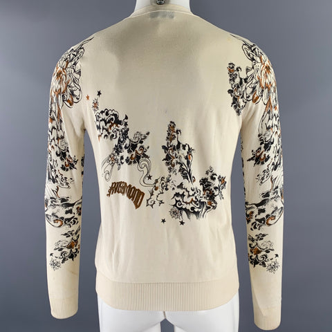 JOHN RICHMOND Size S Cream Tan Dragon Print Cotton Silk Cardigan