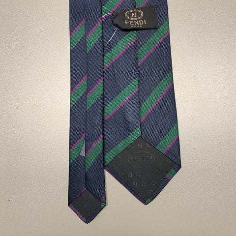 FENDI Navy Green Diagonal Stripe Silk Tie