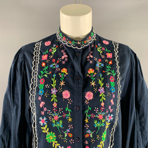 ESSENTIEL ANTWERP Size 8 Navy Multi-Color Beaded Mandarin Collar Blouse