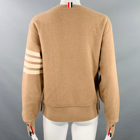 THOM BROWNE Size 2 Brown Cream Cashmere Blend Stripe Crew Neck Sweater