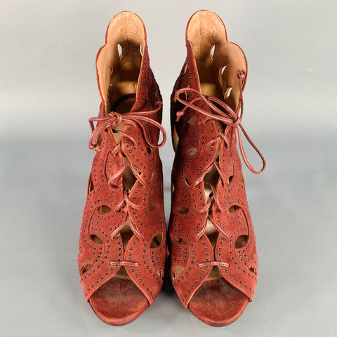 ALAIA Size 9.5 Burgundy Suede Studded Cutout Lace-Up Sandals