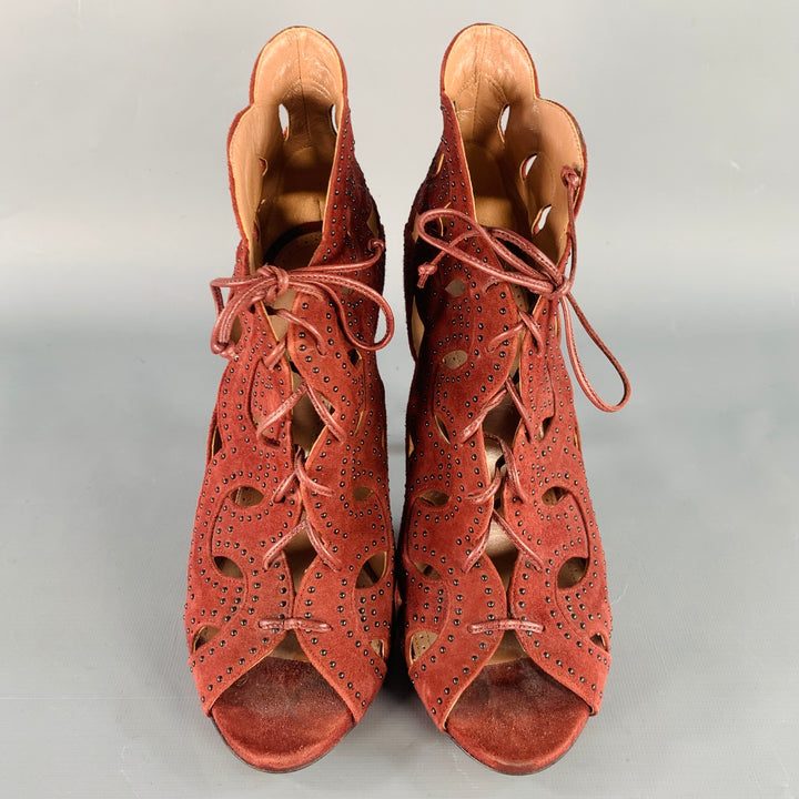 ALAIA Size 9.5 Burgundy Suede Studded Cutout Lace-Up Sandals