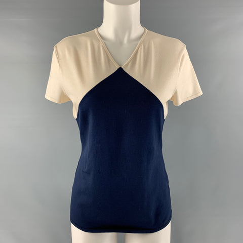 RALPH LAUREN Size M Cream and  Navy Silk Blend Color Block Pullover