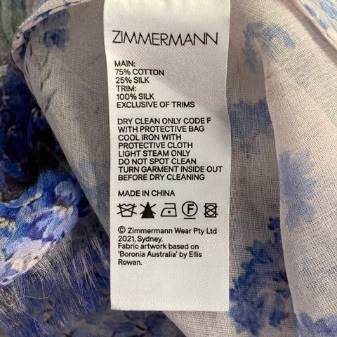 ZIMMERMANN Size S Blue Lilac Cotton Silk Floral Tiered Long Sleeve Dress