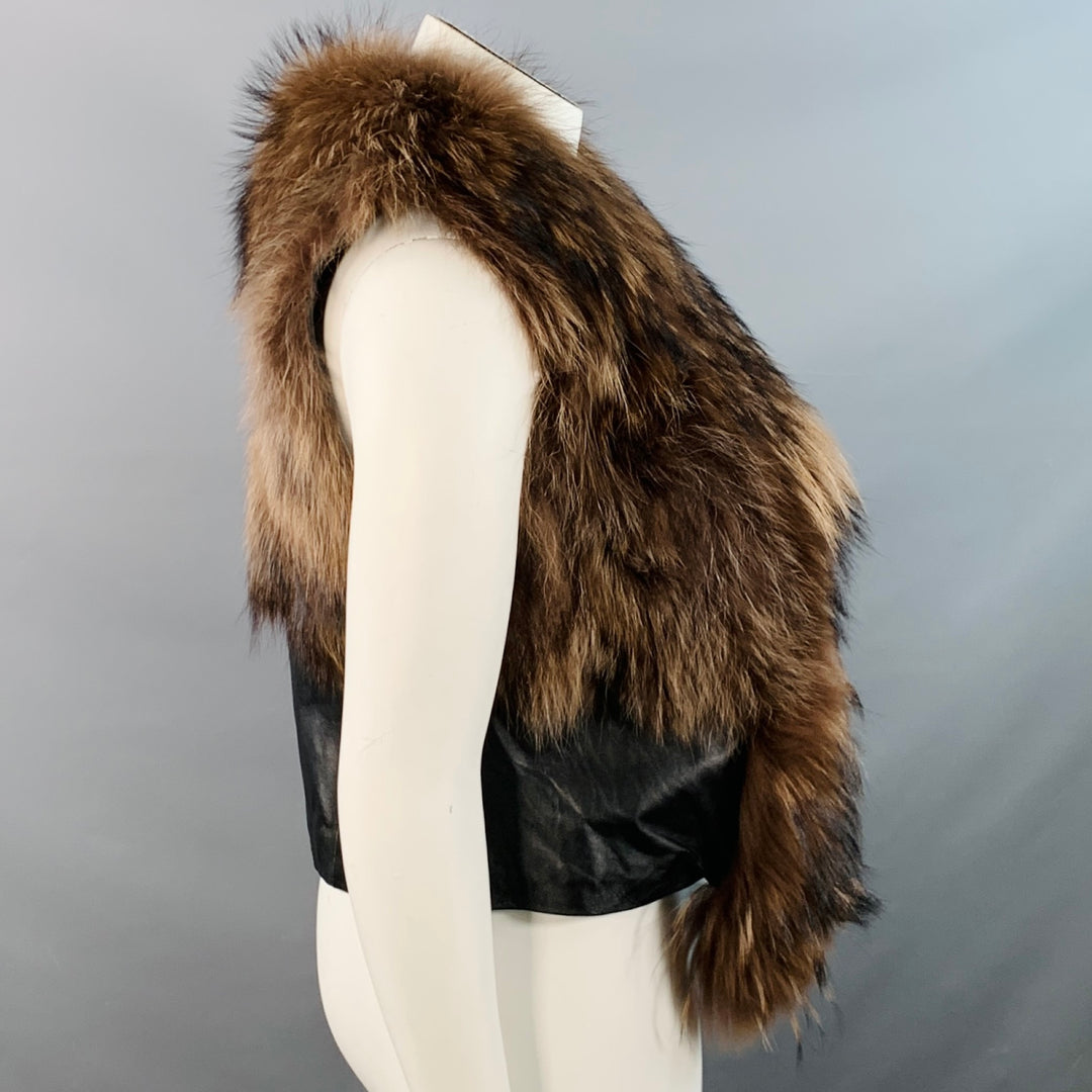 JAYLEY COLLECTION Size 12 Brown Black Leather Fur Trim Open Front Vest