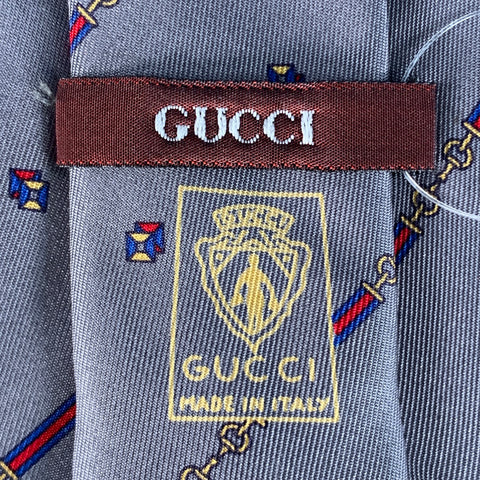 Cravate en Soie GUCCI Vintage Gris Ardoise Rouge Motif Cheval Rayures Diagonales