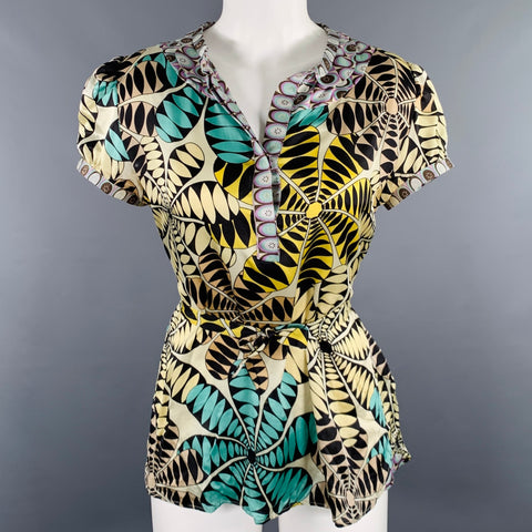 CUSTO BARCELONA Size 4 Yellow Multi Color Silk Abstract Floral Casual Top