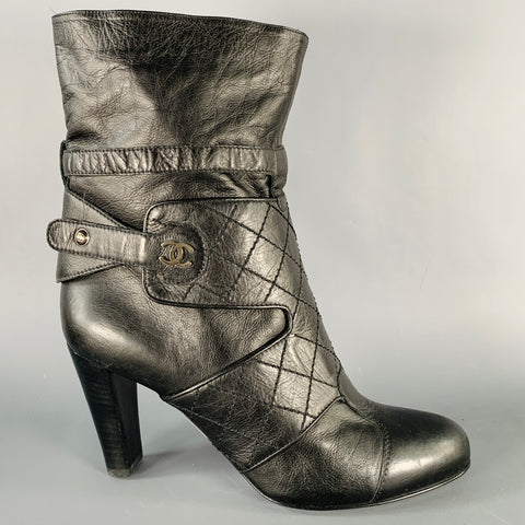 CHANEL Size 9.5 Black Leather Quilted Straps Boots