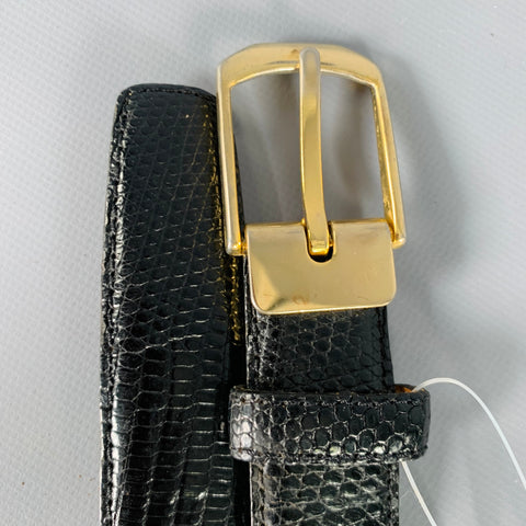 SAKS FIFTH AVENUE Size 40 Black Gold Lizard Leather Brass Belt