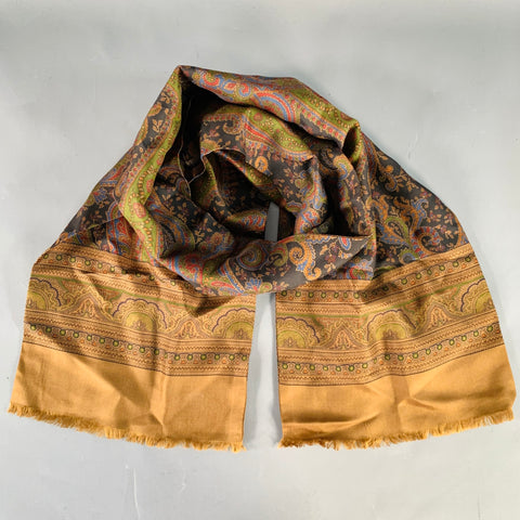Écharpe vintage en soie à franges, motif cachemire marron multicolore