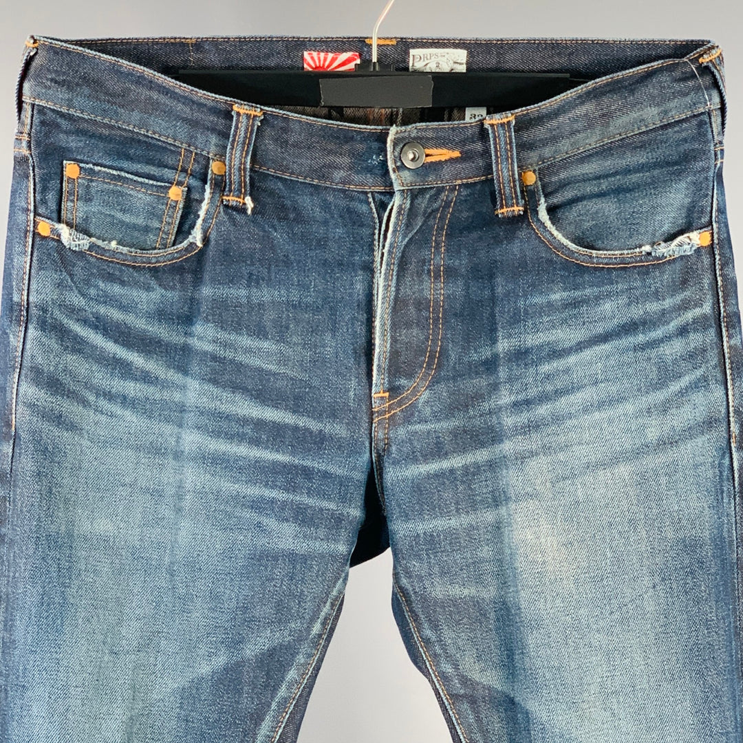 PRPS NOIR Size 33 Indigo Washed Selvedge Denim Straight Distressed Jeans