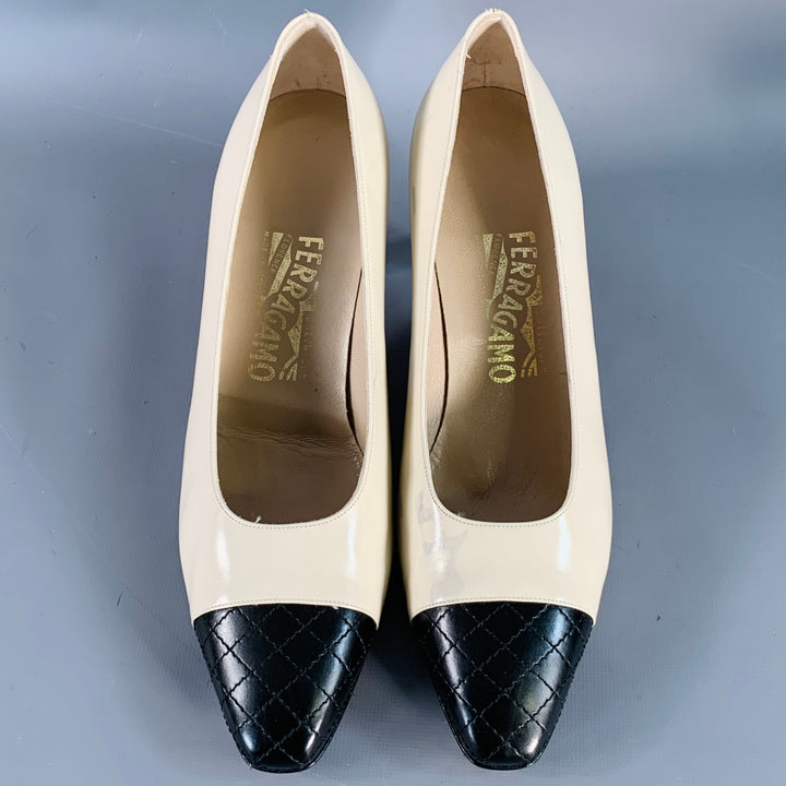 SALVATORE FERRAGAMO Size 9 Beige Black Leather Quilted Cap Toe Pumps