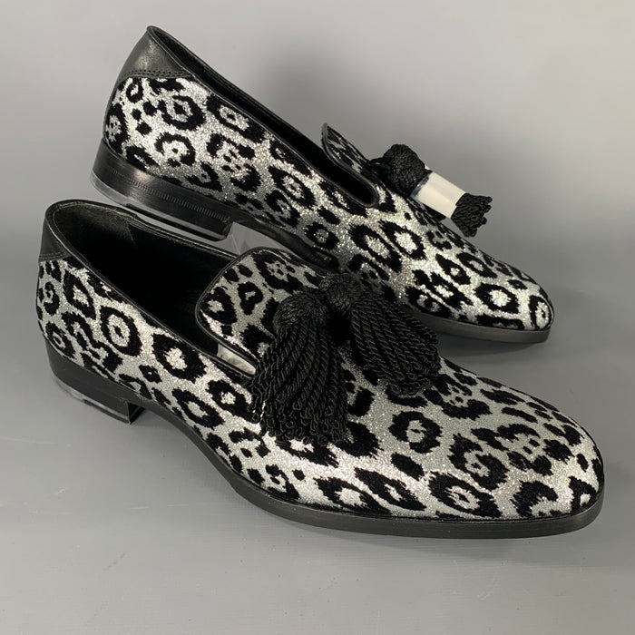 JIMMY CHOO Foxley Size 7 Silver Black Medusa Jacquard Tassels Loafers