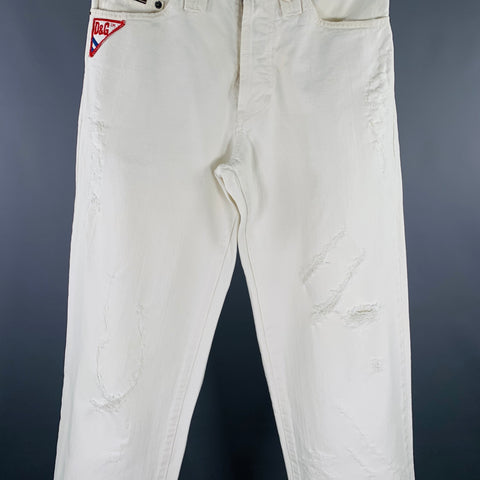D&G by DOLCE & GABBANA Size 30 White Distressed Cotton Blend Wide Leg Jeans