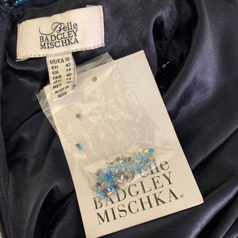 BADGLEY MISCHKA Size 10 Navy Blue Nylon Stripe Shift Knee-Length Cocktail Dress