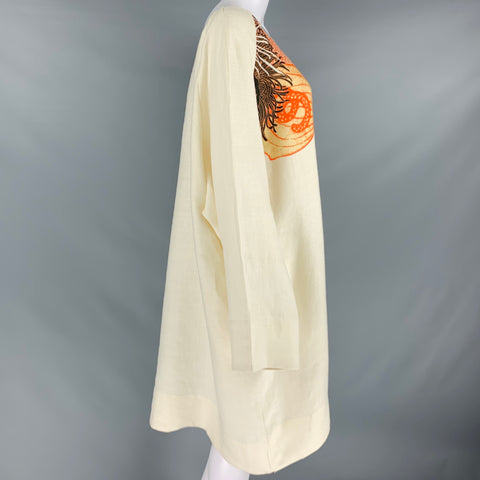 DRIES VAN NOTEN Size S Cream Multi Color Linen Abstract Floral Oversized Dress