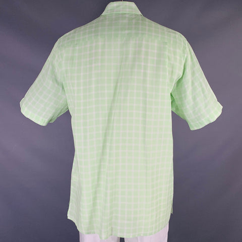 ERMENEGILDO ZEGNA Size L Green White Plaid Linen Button Up Short Sleeve Shirt