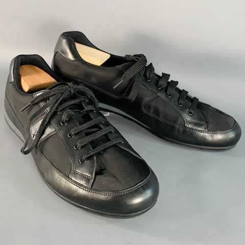 PRADA Size 12 Black Nylon Leather Low Top Lace-Up Sneakers