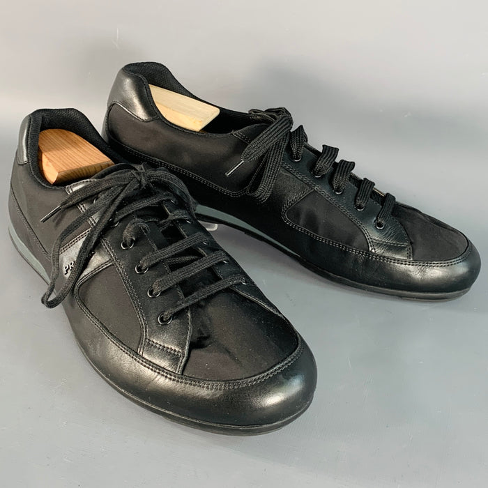 PRADA Size 12 Black Nylon Leather Low Top Lace-Up Sneakers