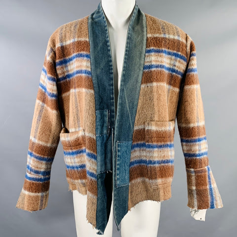 GREG LAUREN Size M Brown Blue Plaid Wool Cotton Shawl Collar Jacket