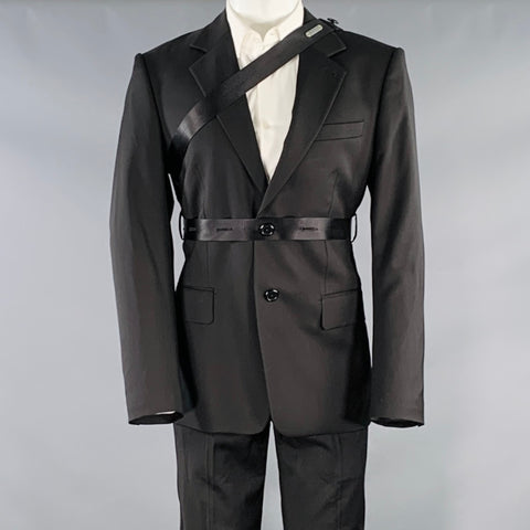 HELMUT LANG Size 40 Black Virgin Wool Notch Lapel Seatbelt Suit