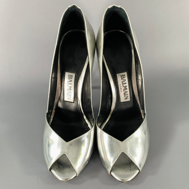 BALMAIN Size 6 Silver Patent Leather Peep Toe Heels Pumps