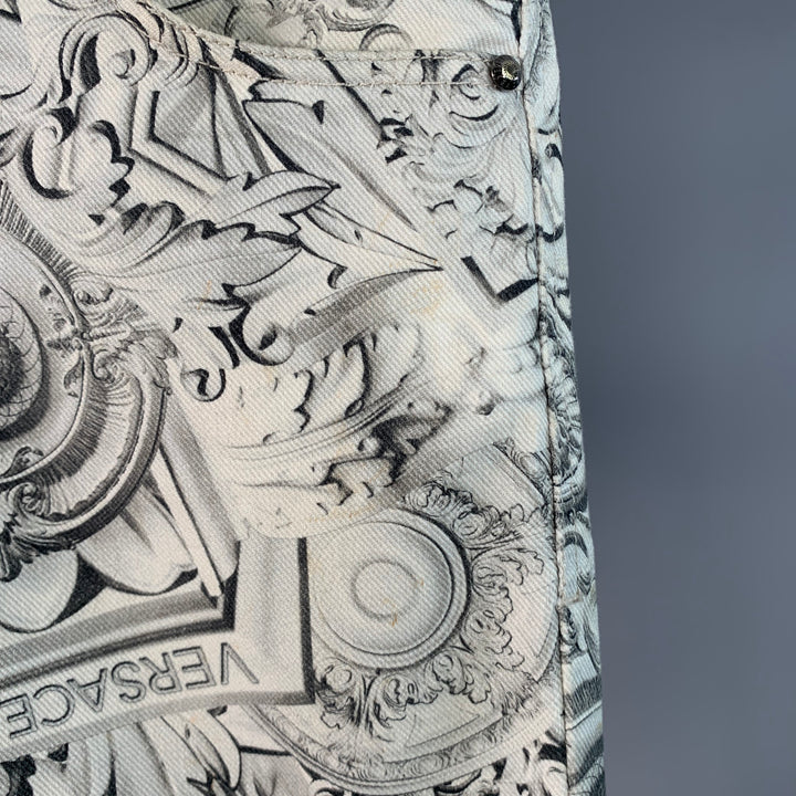 VERSACE JEANS Size 30 White Grey Logo Print Cotton Blend Slim Tapered Jeans