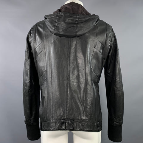 DIESEL BLACK GOLD Vintage Size M Black Leather Zip Up Hooded Jacket