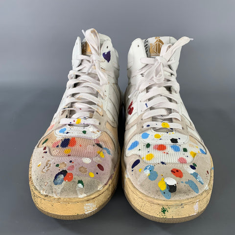 LANVIN Size 10 White Multi-Color Splattered Leather High Top Sneakers