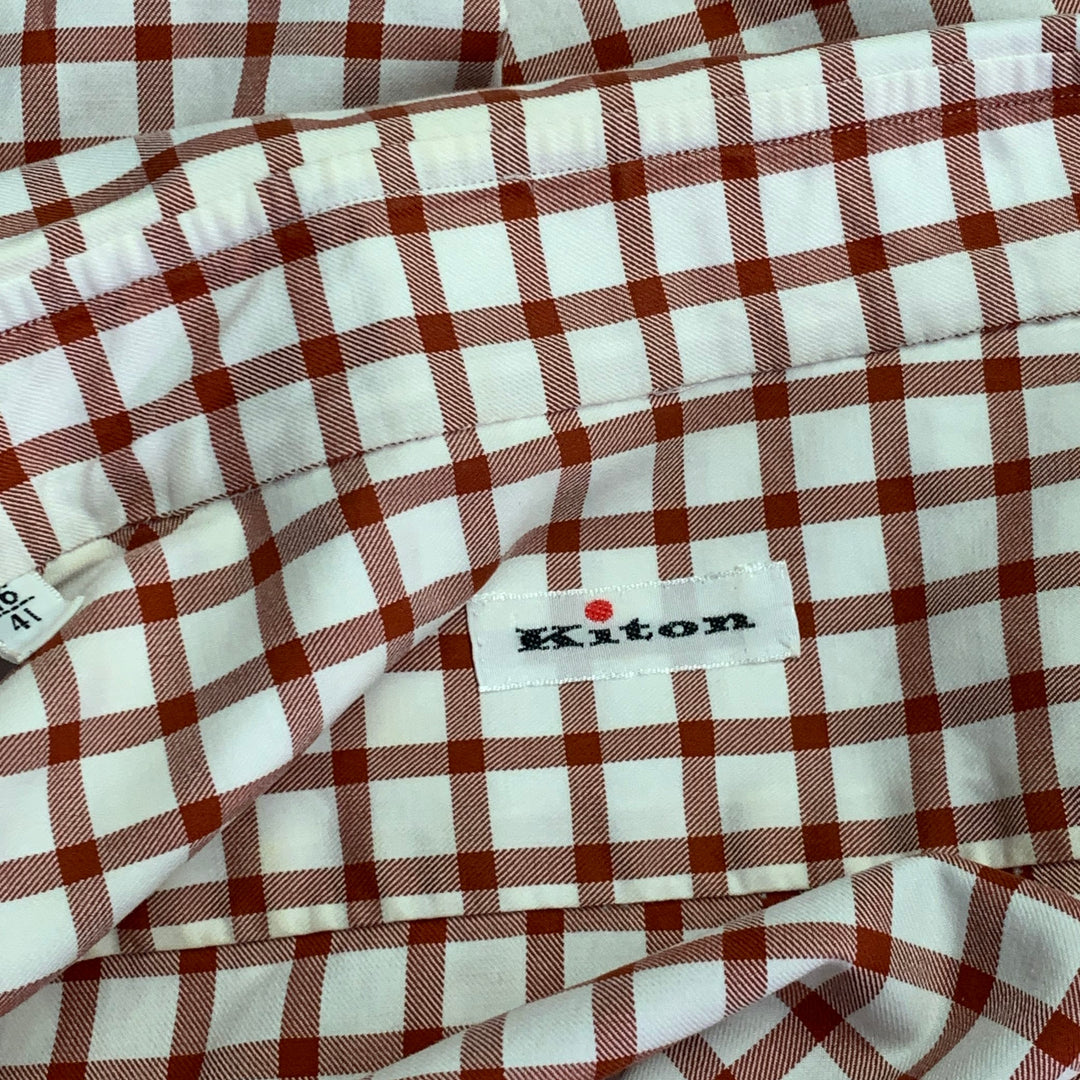 KITON Size M White Burgundy Checkered Cotton Curved Cutaway Long Sleeve Shirt