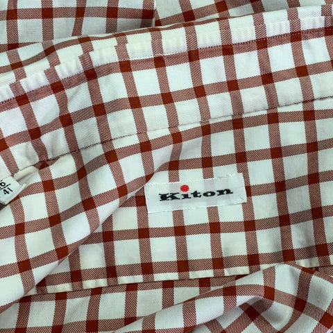 KITON Size M White Burgundy Checkered Cotton Curved Cutaway Long Sleeve Shirt