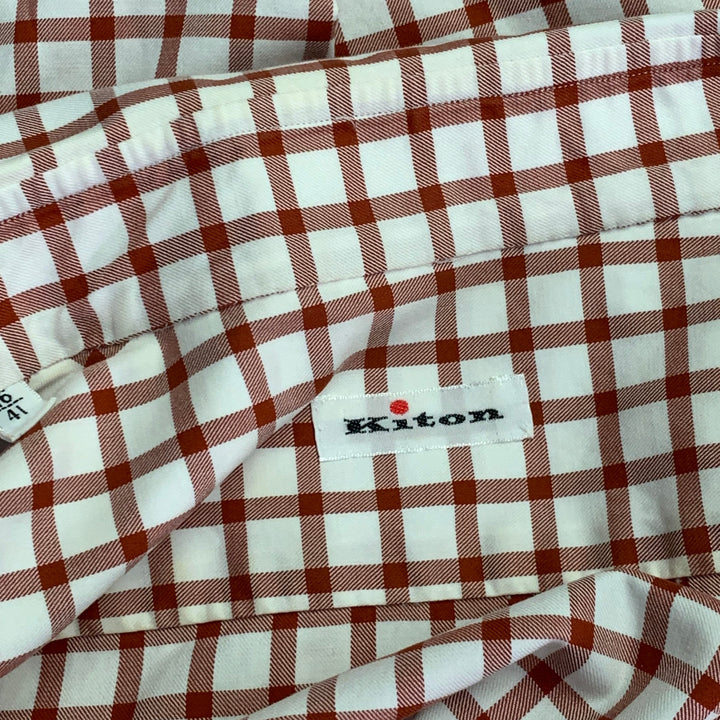KITON Size M White Burgundy Checkered Cotton Curved Cutaway Long Sleeve Shirt