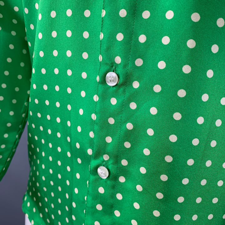 WALTER VAN BEIRENDONCK SS20 Size S Green Cream Polka Dot Silk Twill Long Sleeve Shirt