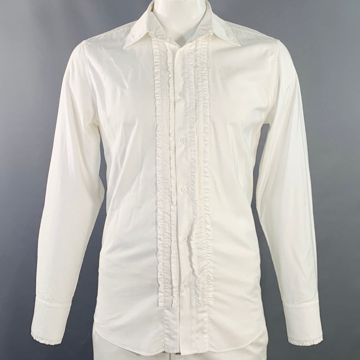 JIL SANDER Size 42 White Ruffled Cotton Tuxedo Long Sleeve Shirt