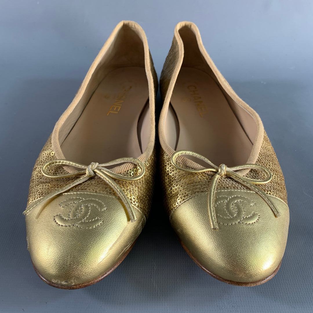 CHANEL Size 10 Gold Sequined Ballet Flats